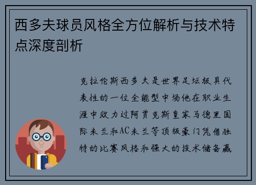 西多夫球员风格全方位解析与技术特点深度剖析