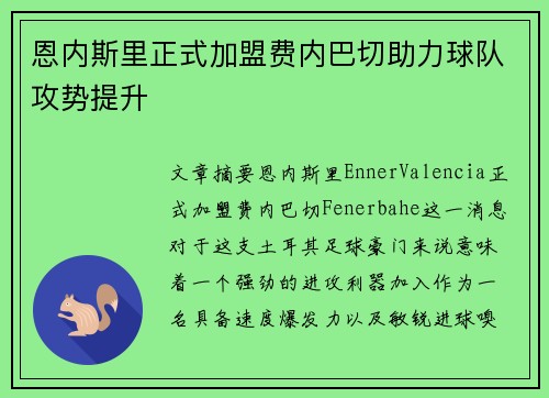 恩内斯里正式加盟费内巴切助力球队攻势提升