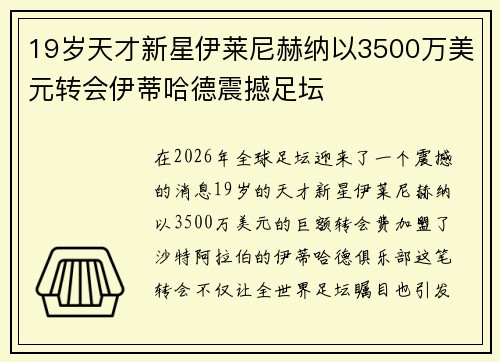 19岁天才新星伊莱尼赫纳以3500万美元转会伊蒂哈德震撼足坛