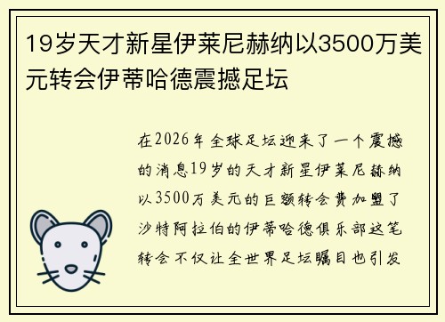 19岁天才新星伊莱尼赫纳以3500万美元转会伊蒂哈德震撼足坛 19岁天才新星伊莱尼赫纳以3500万美元转会伊蒂哈德震撼足坛